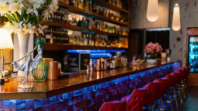 The bar area with blue accent lights