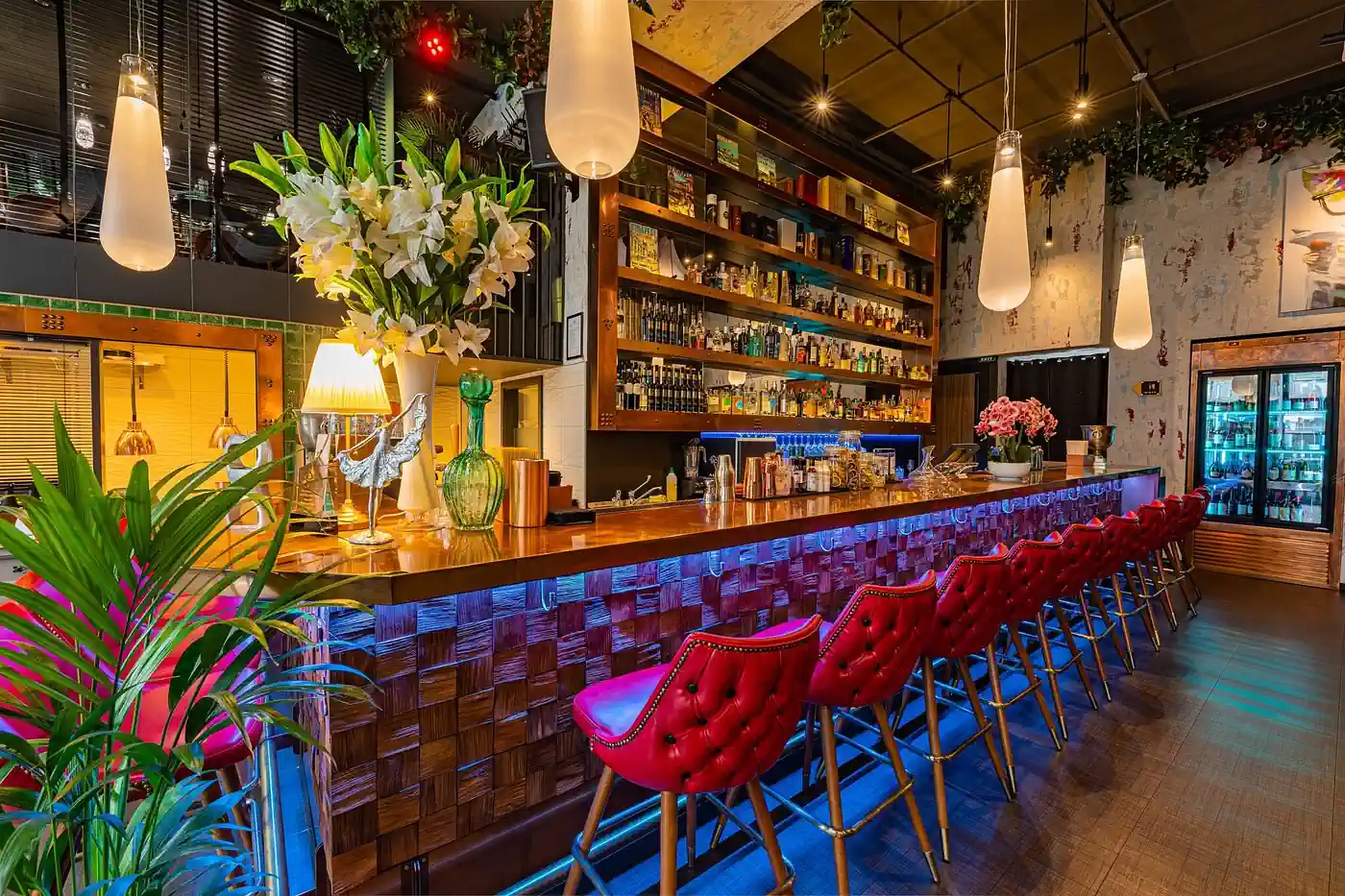 The bar area during the day with the blue accent lights